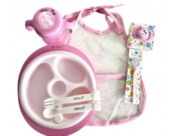 Set Maternal: plato y cubiertos personalizados (con babero plástico),  mamadera personalizada, chupete y portachupete personalizado.-